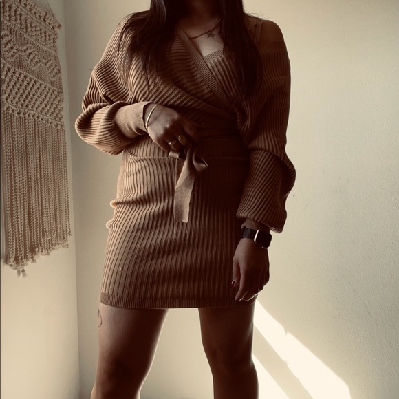 Tan ribbed cross wrap sweater dress - Picture 2 of 5